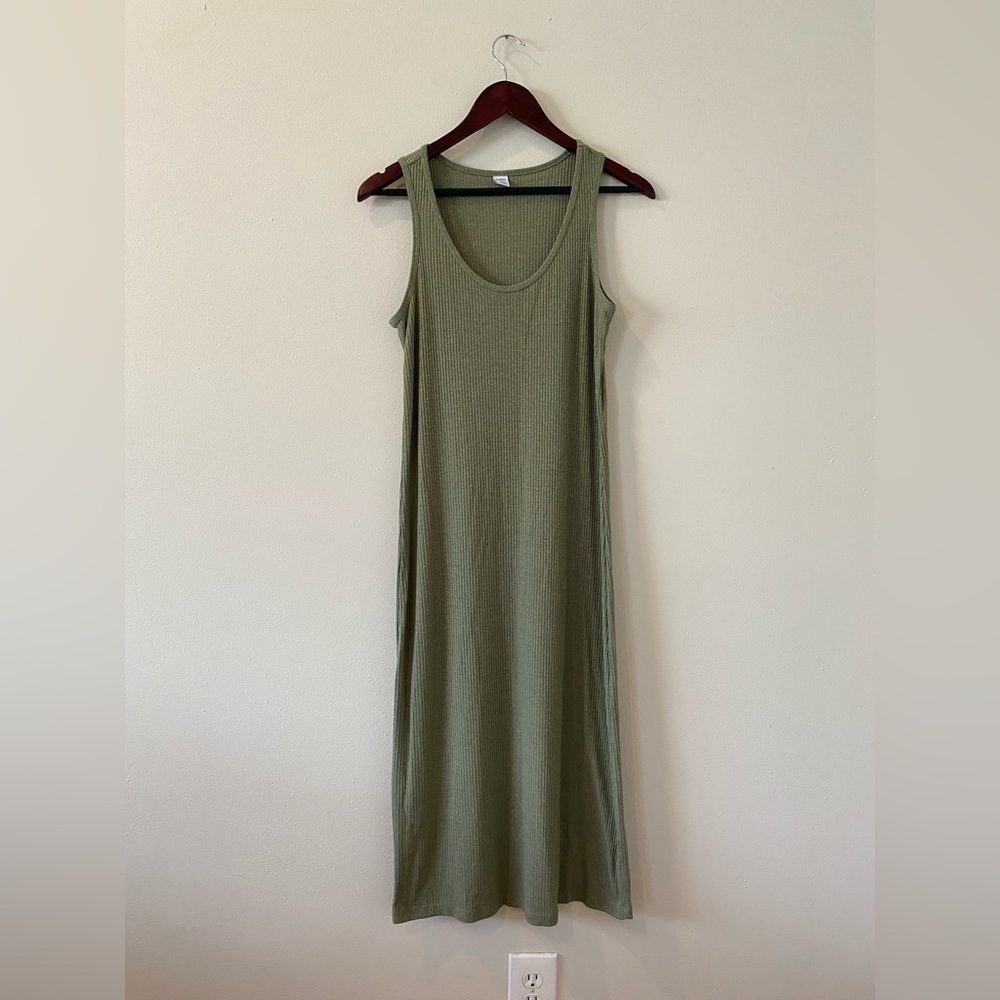 Old Navy Linen Tank Dress Small Ribbed Green Midi Long Scoop Neck Sleeveless